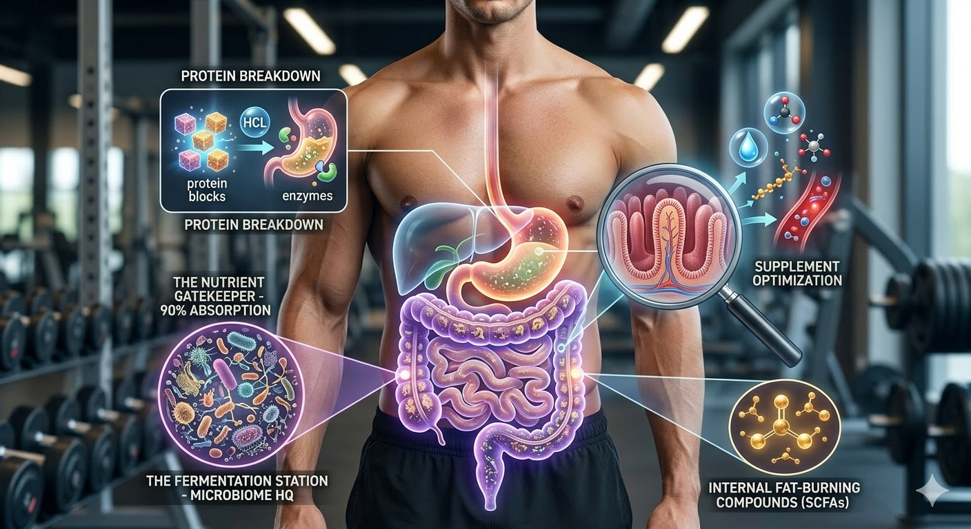 Gym athlete with a gut health for weight loss anatomy illustration highlighting stomach, small intestine, and large intestine functions