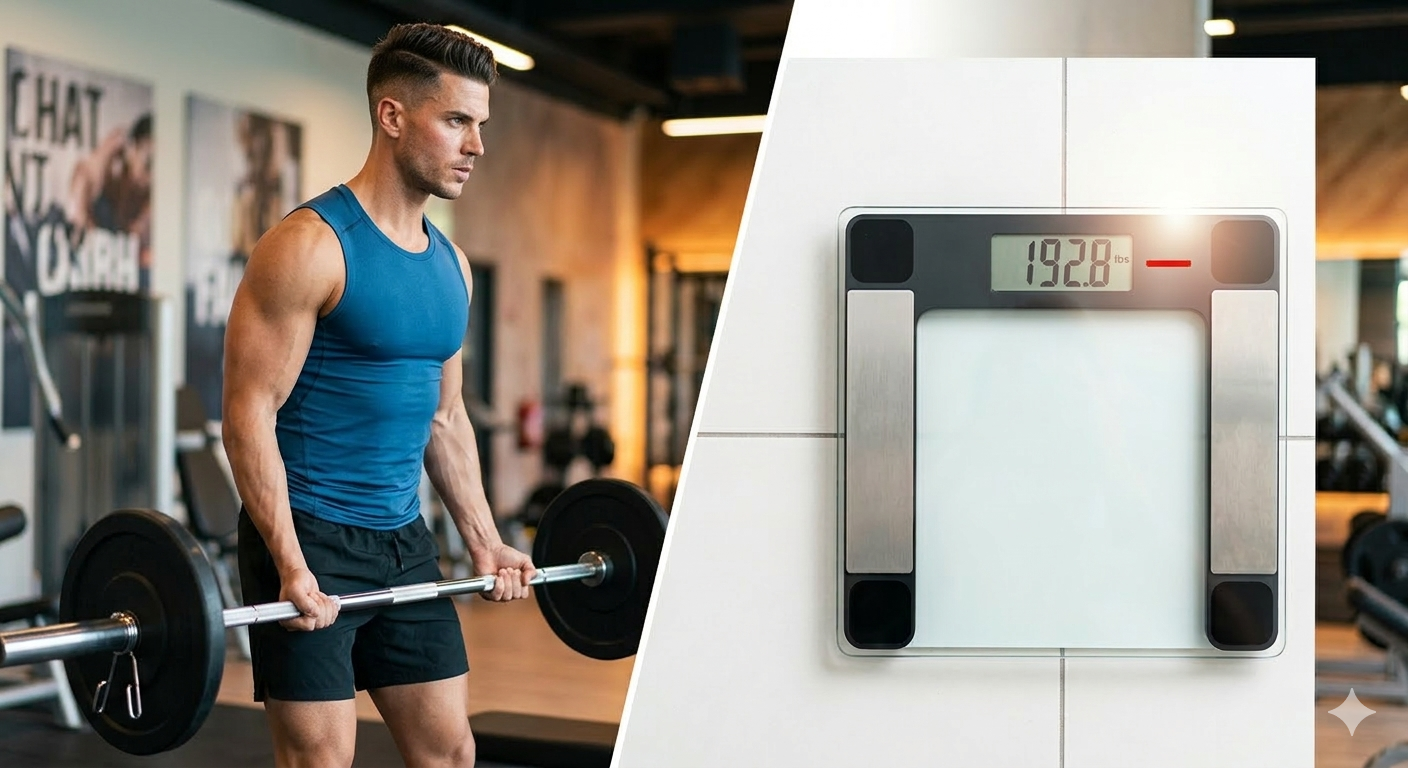 Man lifting weights in a gym with a digital scale showing 192.8 lbs, illustrating the struggle of gut health for weight loss and a fitness plateau.