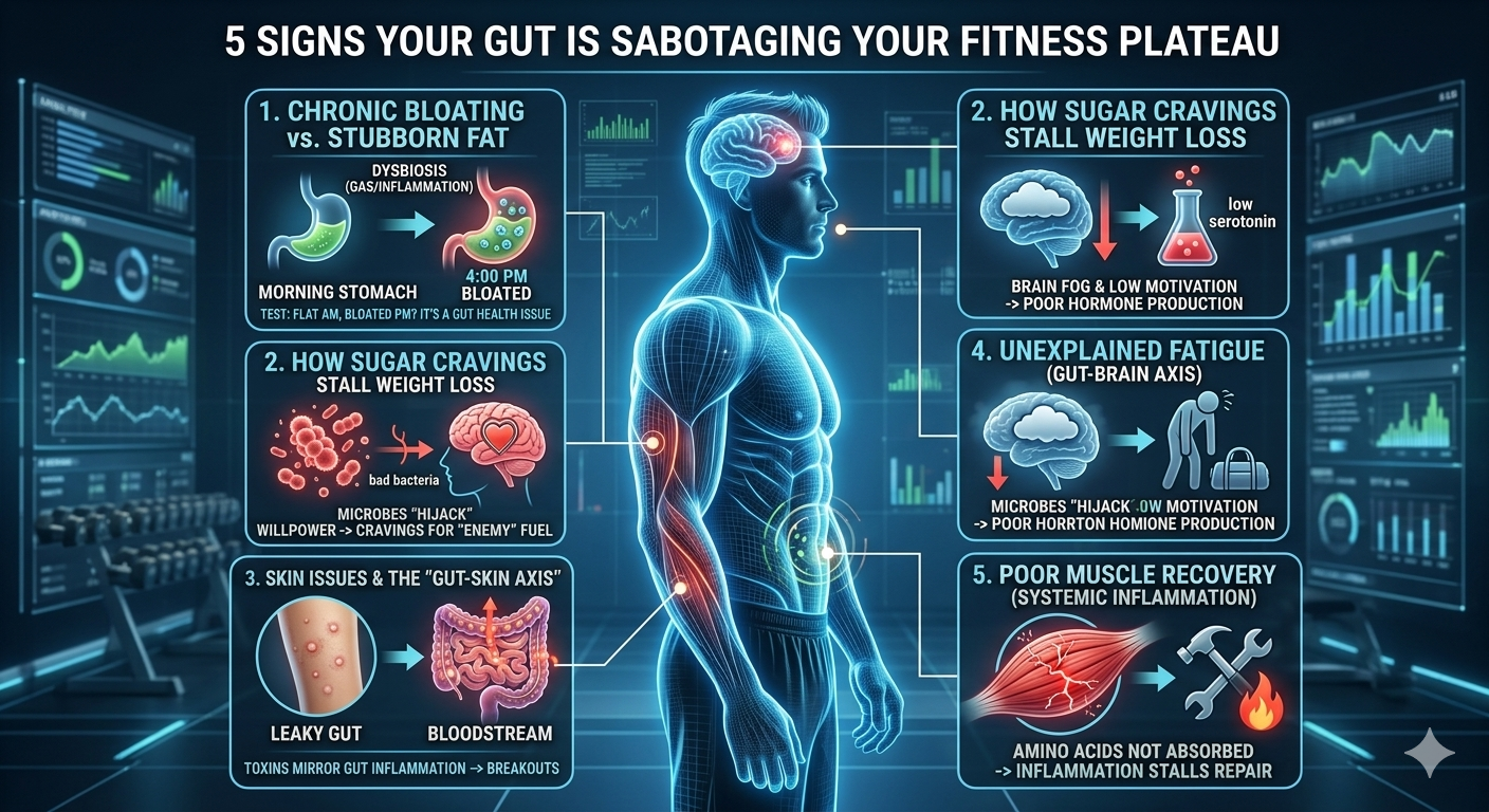 Infographic showing five specific signs of a broken fitness plateau, caused by poor gut health for weight loss, including bloating, fatigue, and poor muscle recovery