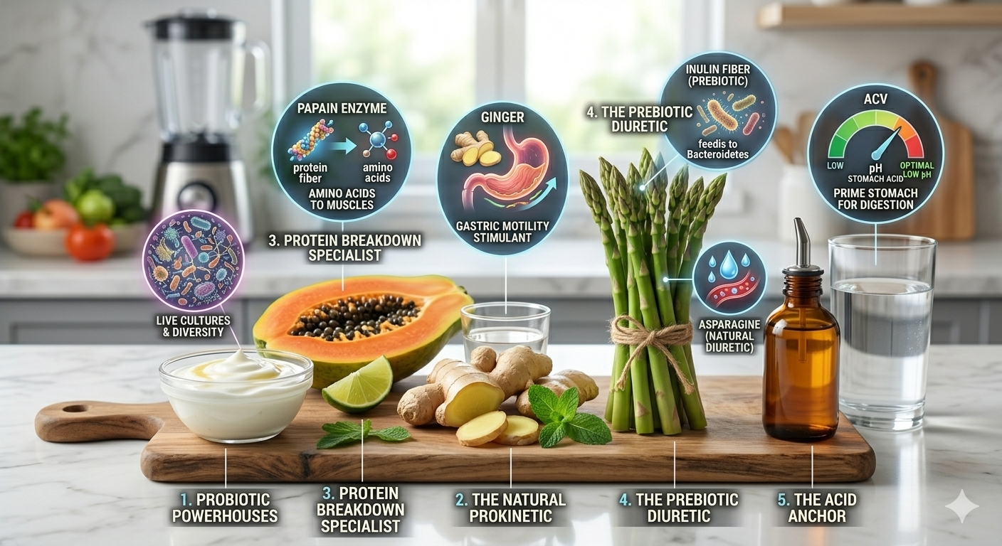 Infographic showing the best superfoods for gut health and weight loss, including Kefir, Ginger, Papaya, Asparagus, and ACV