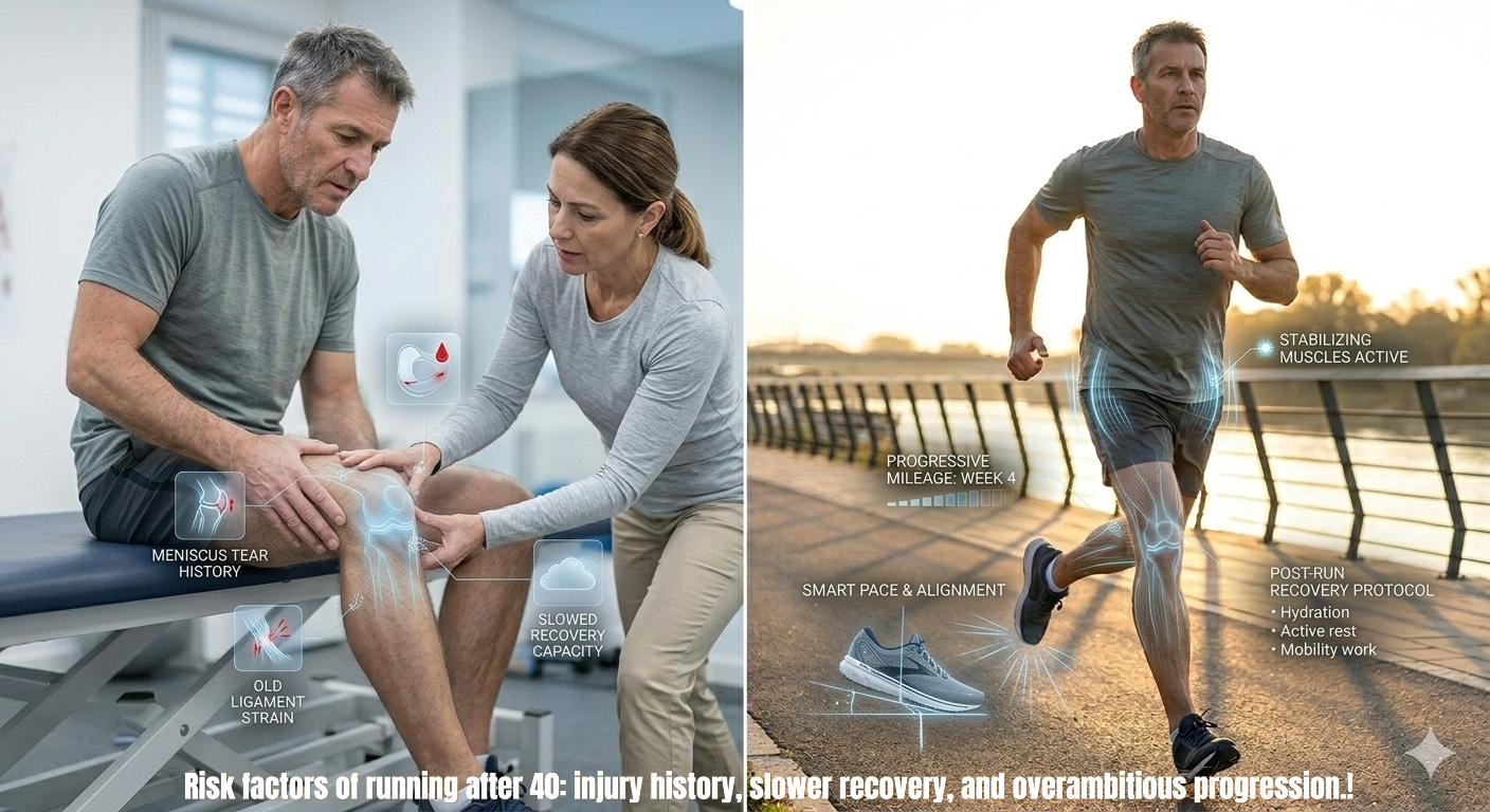 Risk factors of running after 40 illustrated through knee injury history, slower recovery capacity, and progression challenges