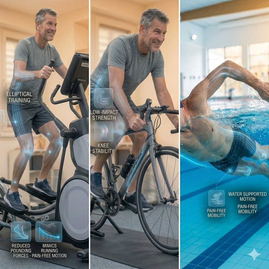 Safer alternatives to running after 40 shown through elliptical training, cycling, and swimming for knee health and mobility