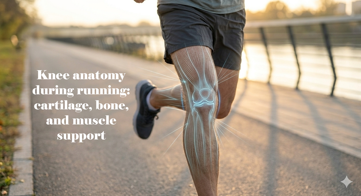 Scientific perspective on running after 40, showing knee anatomy and research insights into cartilage, bone, and muscle health