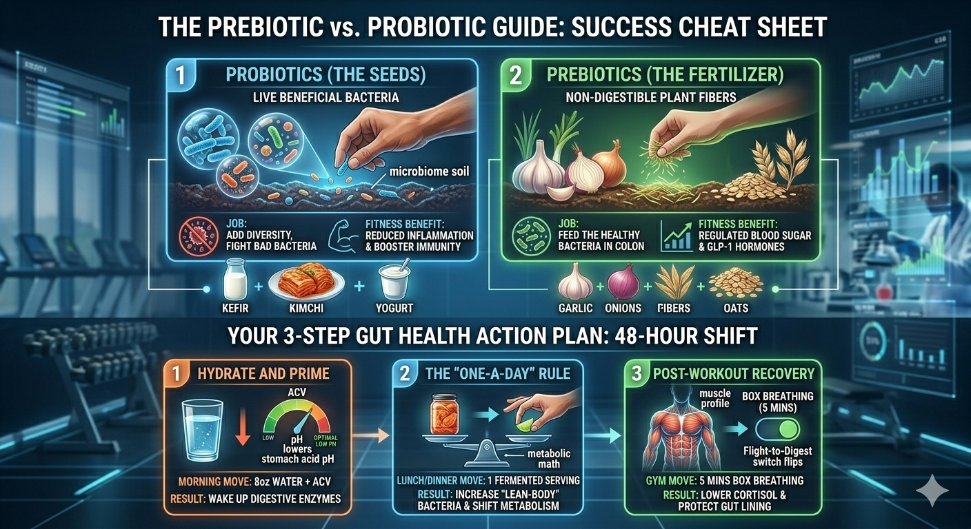 Prebiotic vs Probiotic Cheat Sheet for gut health for weight loss: Seeds vs Fertilizer analogy