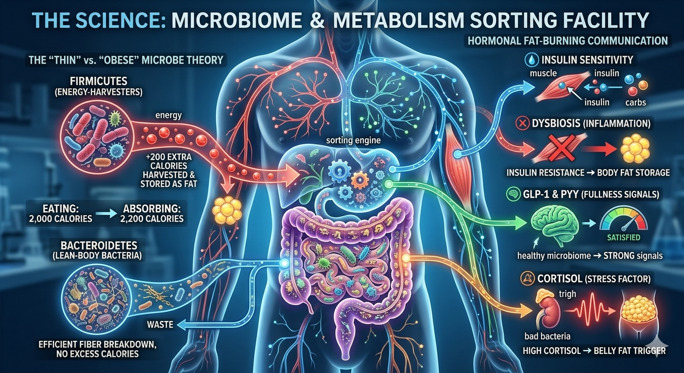 Infographic showing gut health for weight loss science: Firmicutes vs. Bacteroidetes impact on calorie absorption, hormones, and fat storage