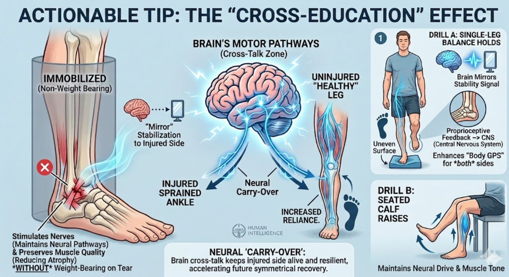 An infographic for ankle sprain rehabilitation explaining the "Cross-Education" effect, where exercising a healthy leg sends neural signals to the injured, immobilized leg to maintain muscle tone and pathways.