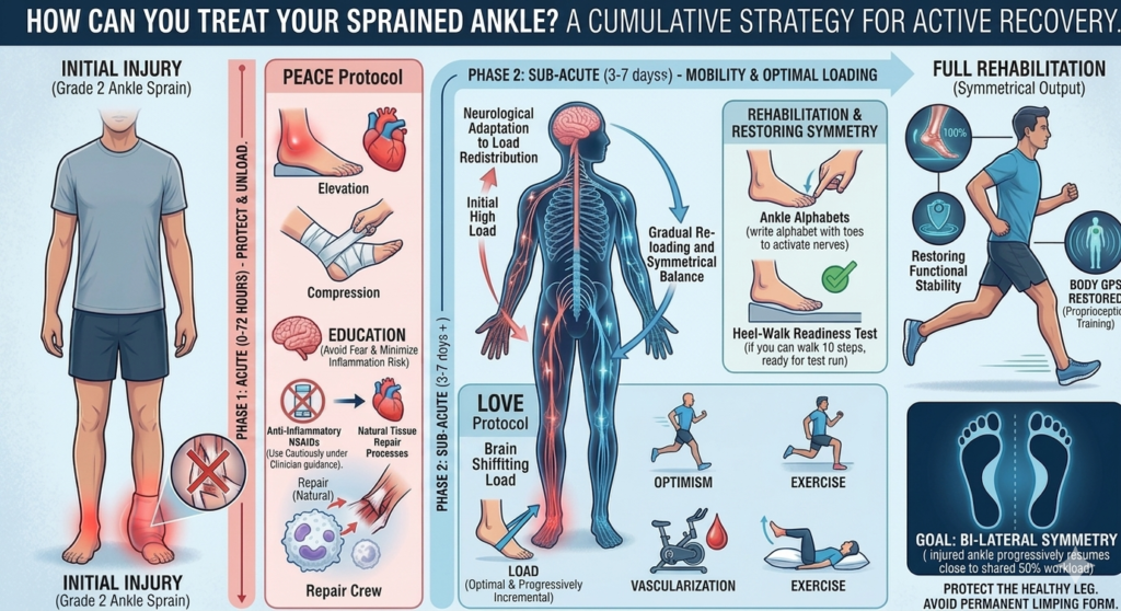 A cumulative infographic showing the phases of ankle sprain recovery, including the PEACE protocol for acute injury and the LOVE protocol for sub-acute rehabilitation and restoring symmetry.