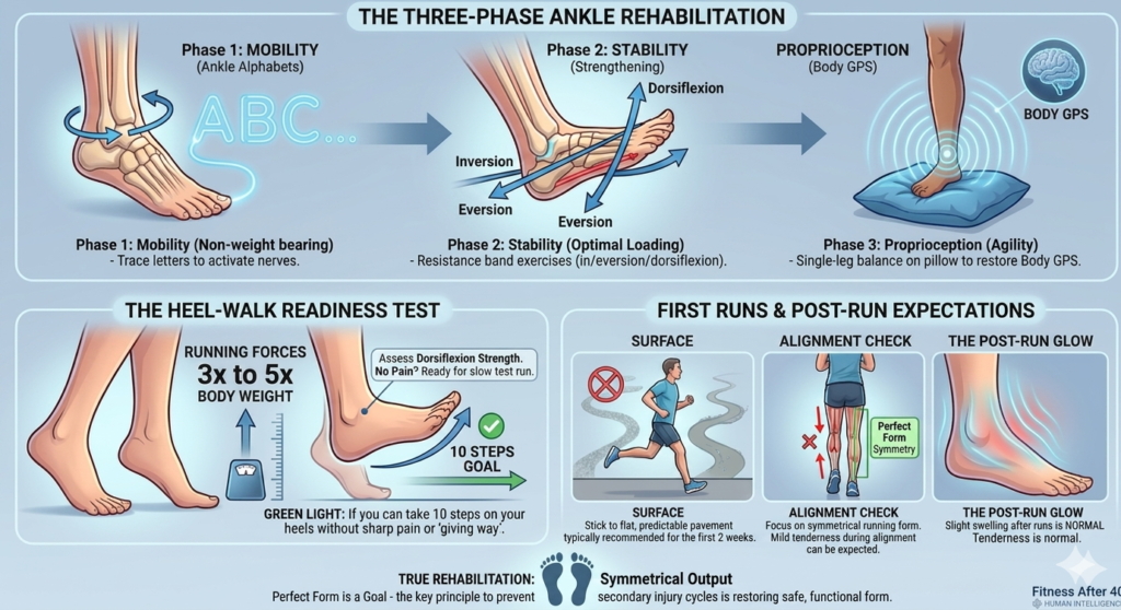 An instructional guide showing Ankle Alphabets for mobility, resistance band work for stability, and single-leg balance for proprioception, alongside the Heel-Walk test for running readiness.