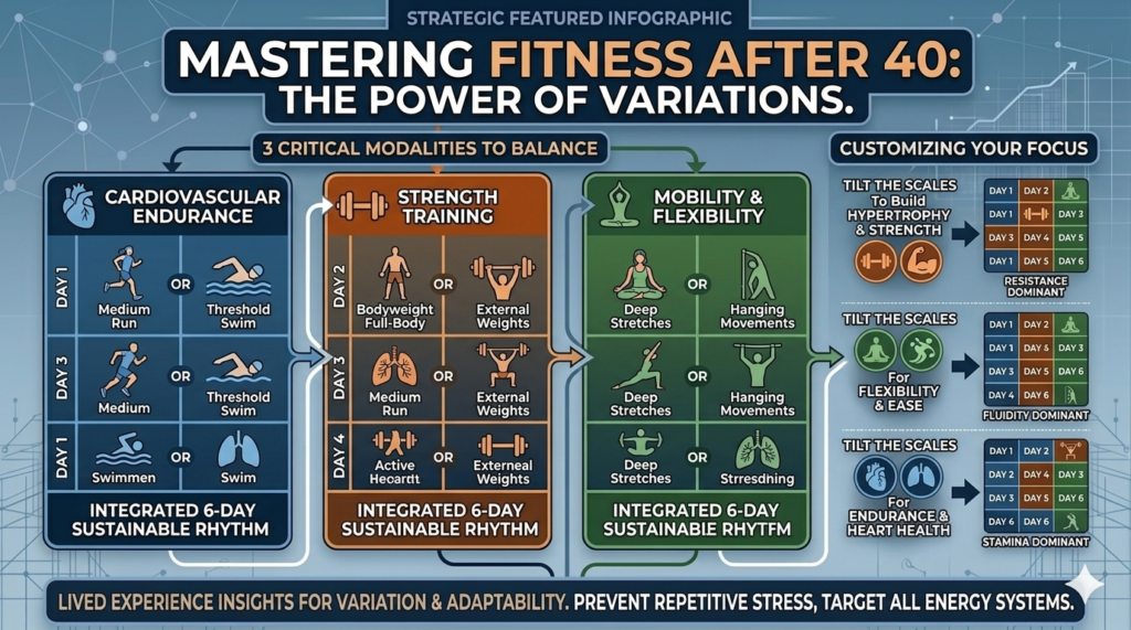 A strategic, customizable matrix illustrating the 'Fitness after 40: Power of Variations' concept. It visually depicts how to balance and integrate cardiovascular endurance, strength training, and mobility into an adaptable six-day sustainable rhythm.