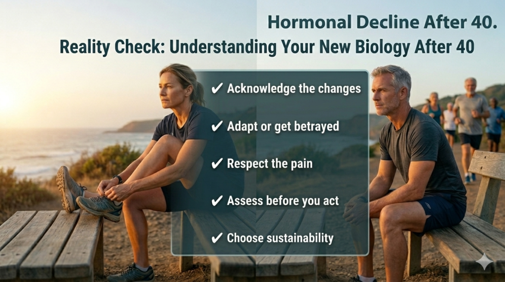 A checklist for managing hormonal decline after 40, covering muscle loss, joint pain, and sustainable fitness strategies.