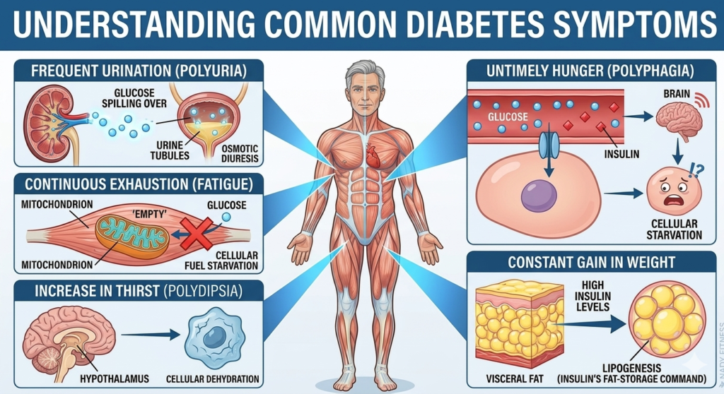 Anatomical infographic defining common diabetes symptoms (Polyuria, Fat accumulation, Mitochondria energy failure) to provide Human Intelligence for running with diabetes.