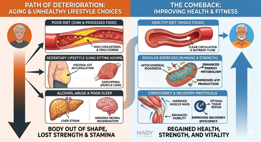 A split-pane infographic by Nady Fitness comparing the 'Path of Deterioration' (Sarcopenia, Visceral Fat) with the 'Comeback Path' (Mitochondrial Biogenesis, Clear Circulation) for those running with diabetes over 40.