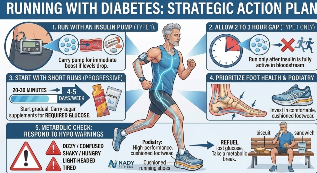 An medical infographic titled 'Running with Diabetes: Strategic Action Plan' detailing 5 safety rules (Insulin Pump, Absorption Gap, Foot Health, short runs, and metabolic checks) from Nady Fitness for runners over 40.