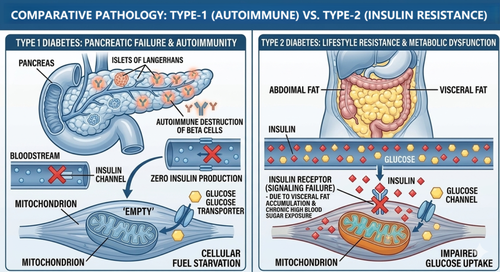 An anatomical illustration, authored by Nady Fitness, comparing the pathology of Type-1 autoimmune pancreatic failure (Beta Cell Destruction) and Type-2 insulin resistance (Receptor Signaling Failure). This detailed biological map is essential 'human intelligence' content for running with diabetes.