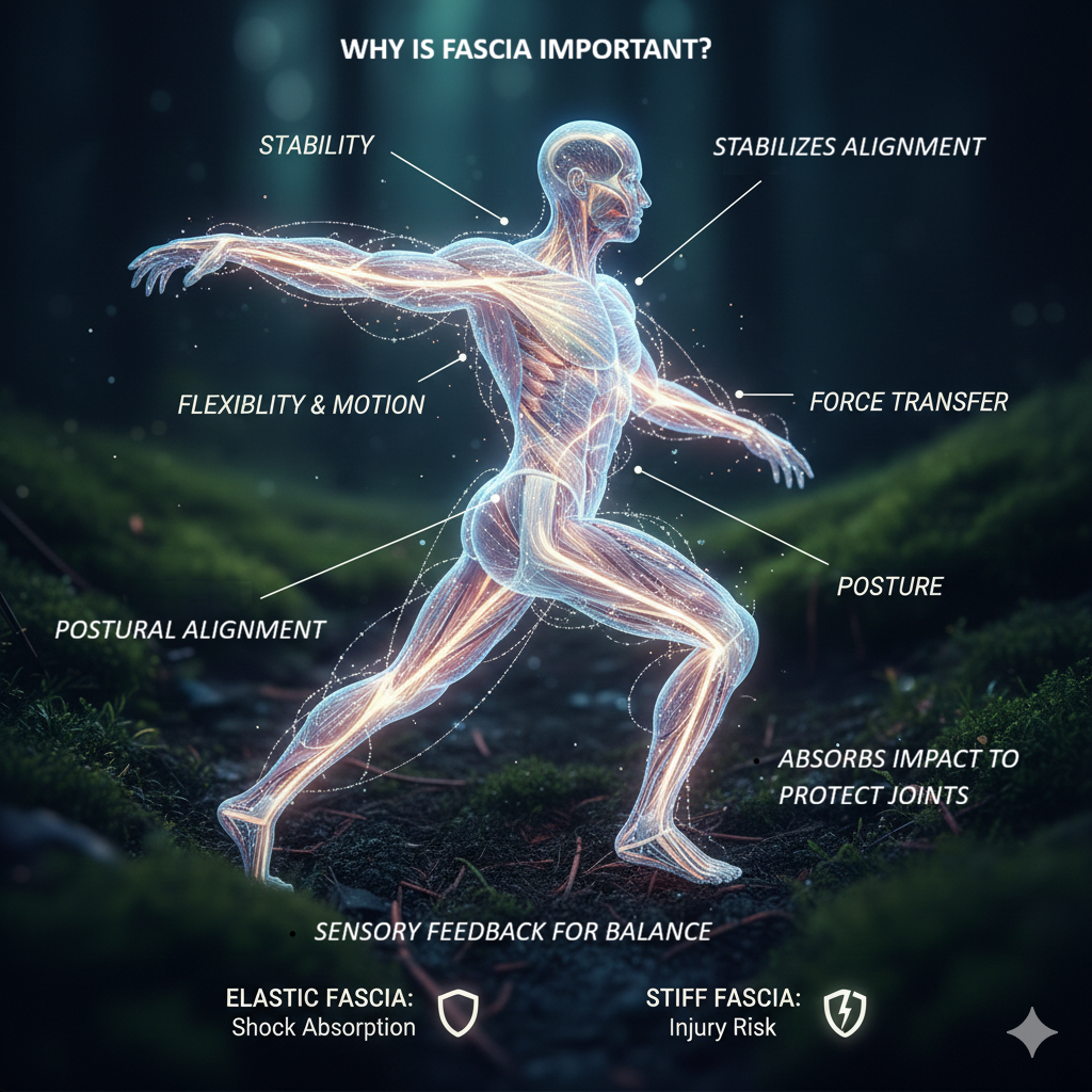 fascia training - anatomical illustration of fascia system that supports body balance, flexibility, posture, stability, impact absorption, and injury prevention