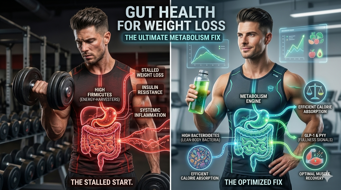 A high-impact split-screen infographic comparing stalled gut health for weight loss versus an optimized metabolic engine