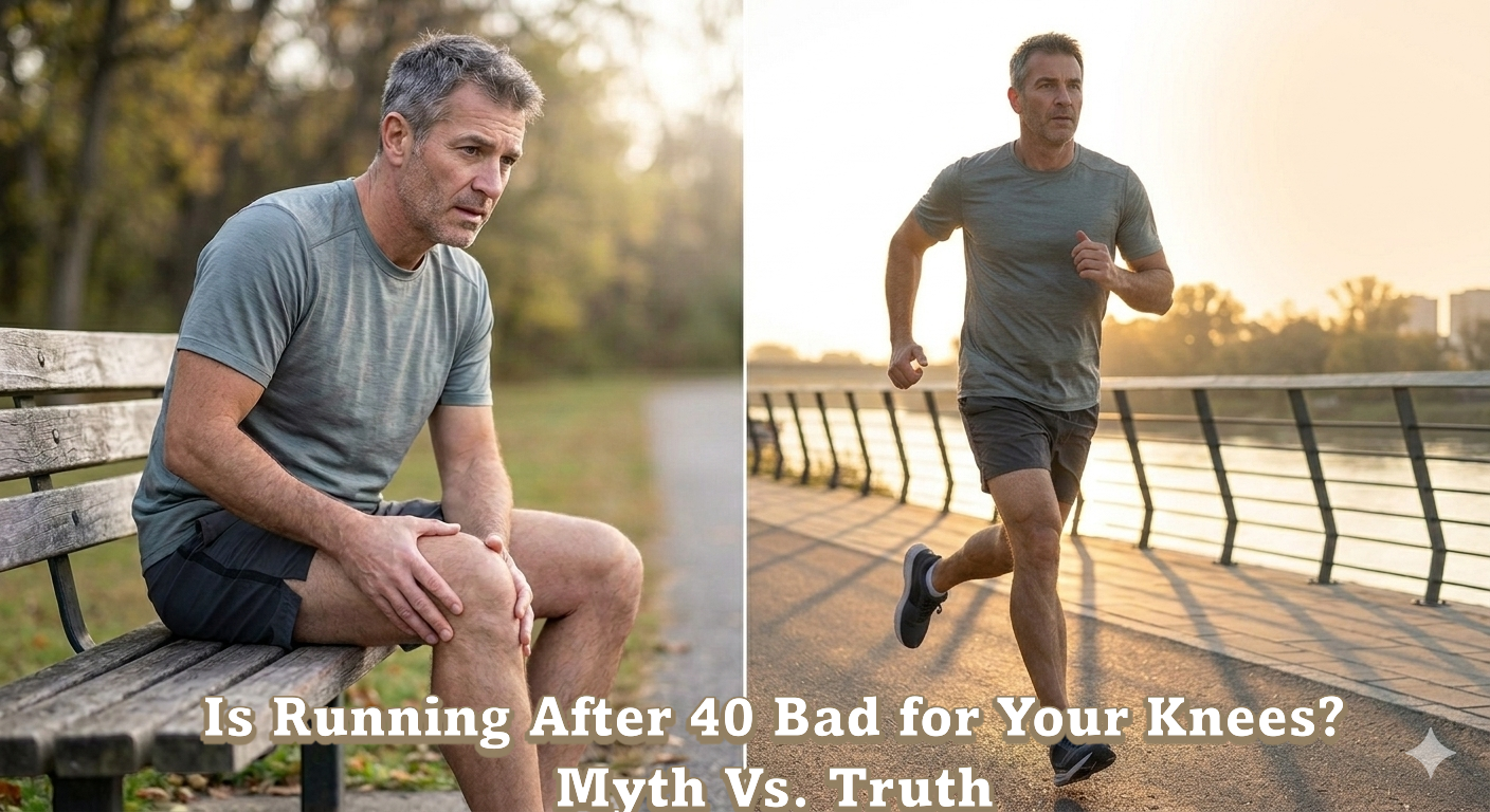 Featured image contrasting the myth of knee pain after 40 with the truth of safe running, showing a man holding his knee versus running at sunset.