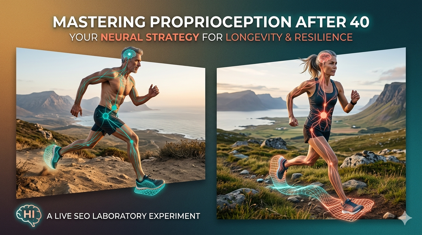 Featured image showing a dual-perspective of a male and female runner in their mid-stride on a rugged coastal trail, with glowing neural network overlays illustrating the brain-to-foot sensory feedback loop and proprioception after 40.