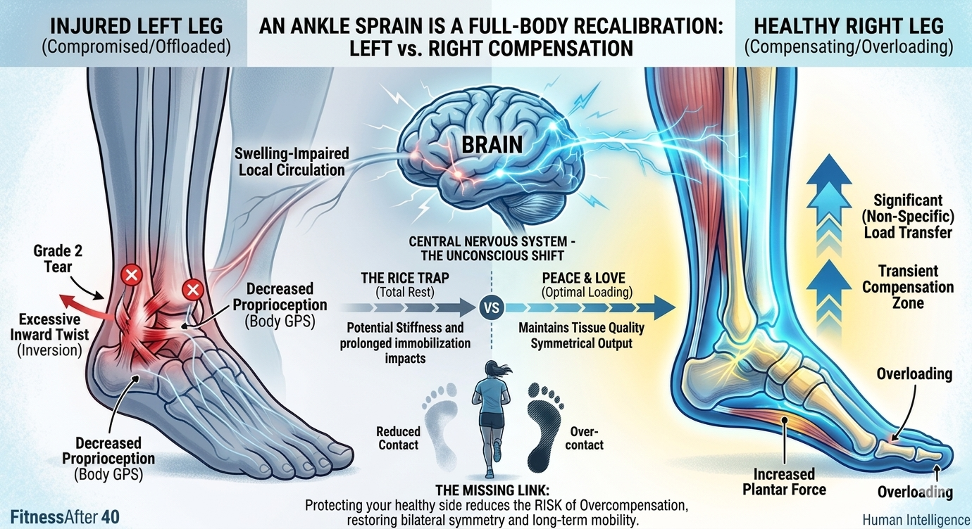 An anatomical diagram showing how a left ankle sprain triggers a central nervous system shift, leading to load transfer and overcompensation on the healthy right leg.