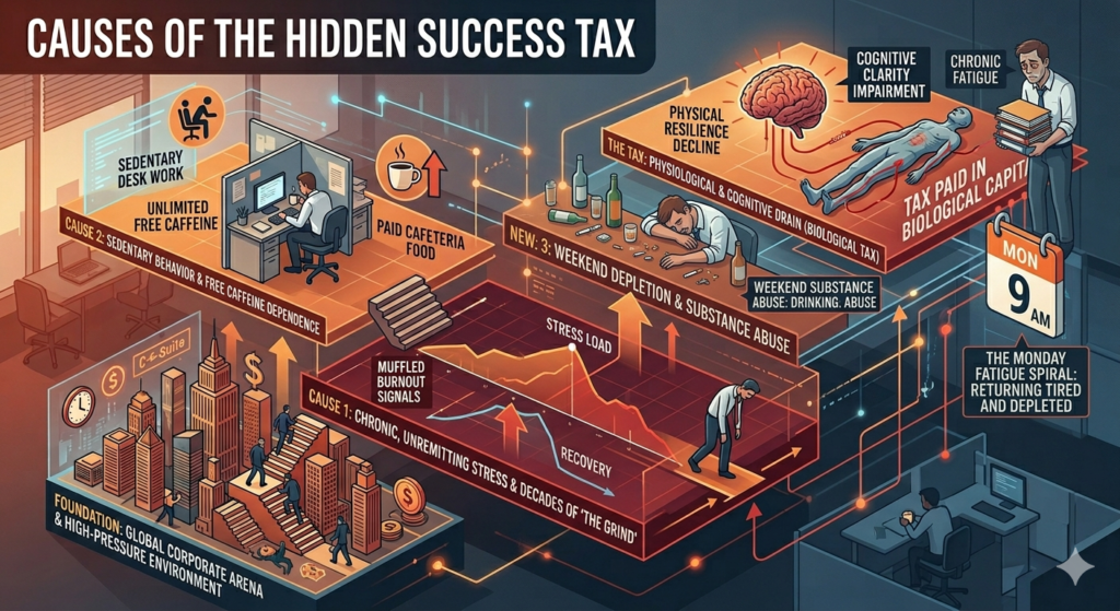 An infographic illustrating the "Success Tax" and corporate burnout factors as part of an Executive Longevity Training program to build biological resilience.