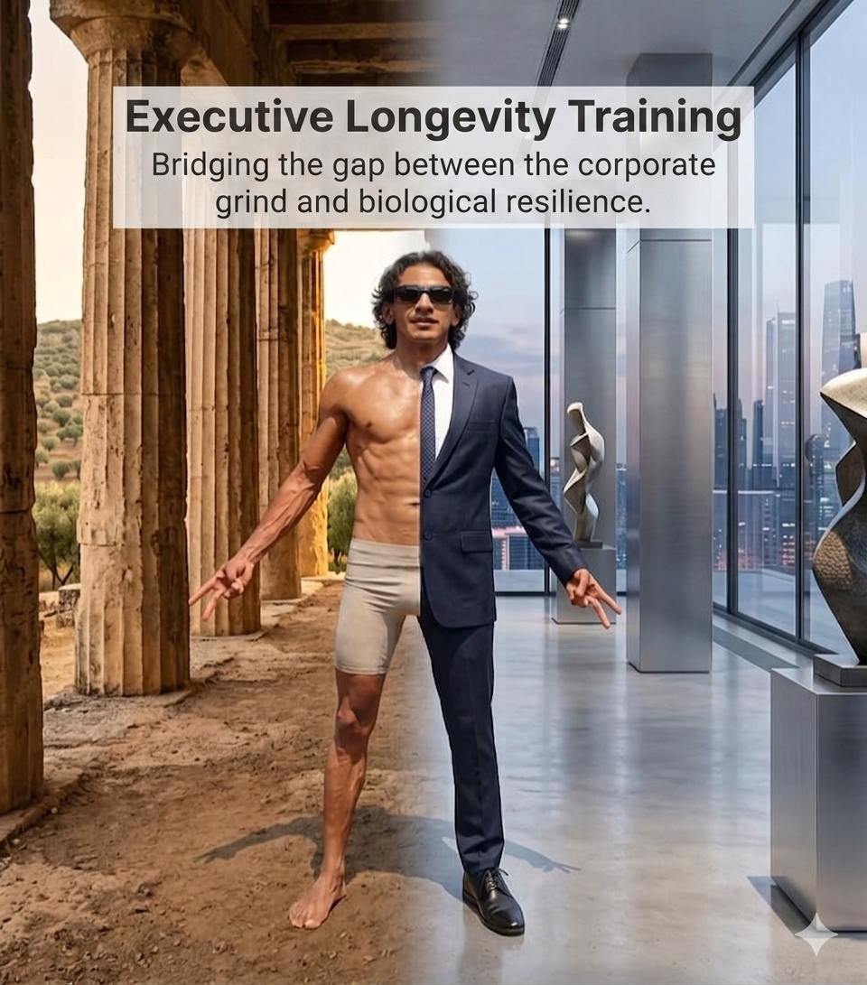Nady Fitness founder demonstrating the duality of Executive Longevity Training by bridging ancient biological resilience with the modern corporate grind.
