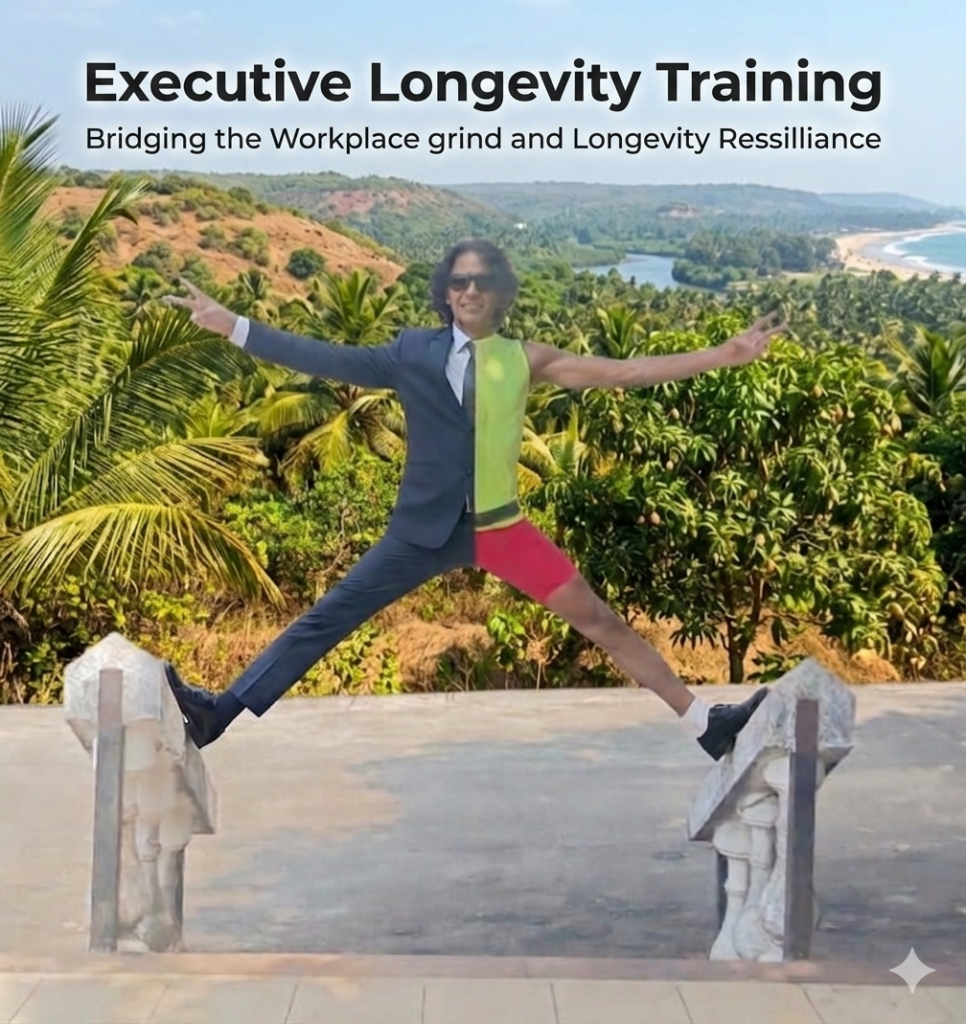 A split-suit visual of Nady Fitness founder demonstrating the bridge between the corporate grind and physical resilience, a core pillar of Executive Longevity Training.