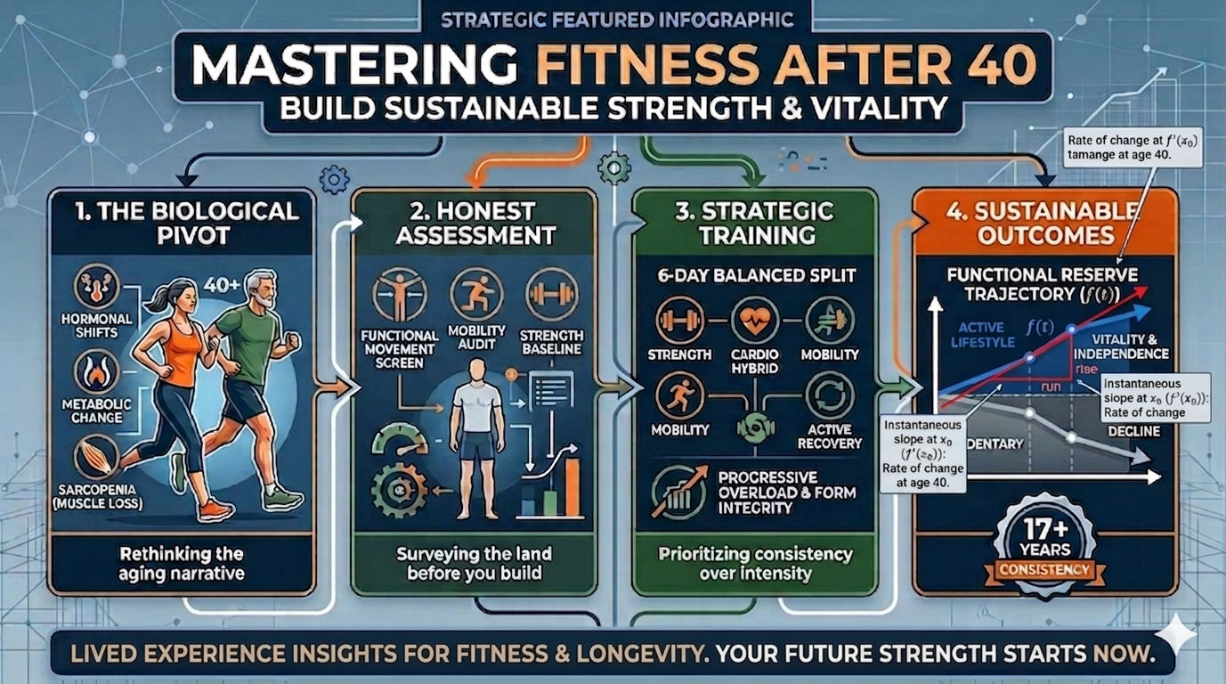 Strategic roadmap for fitness after 40 based on lived experience, showing the biological pivot, movement assessment, a balanced 6-day split, and the functional reserve trajectory for vitality.