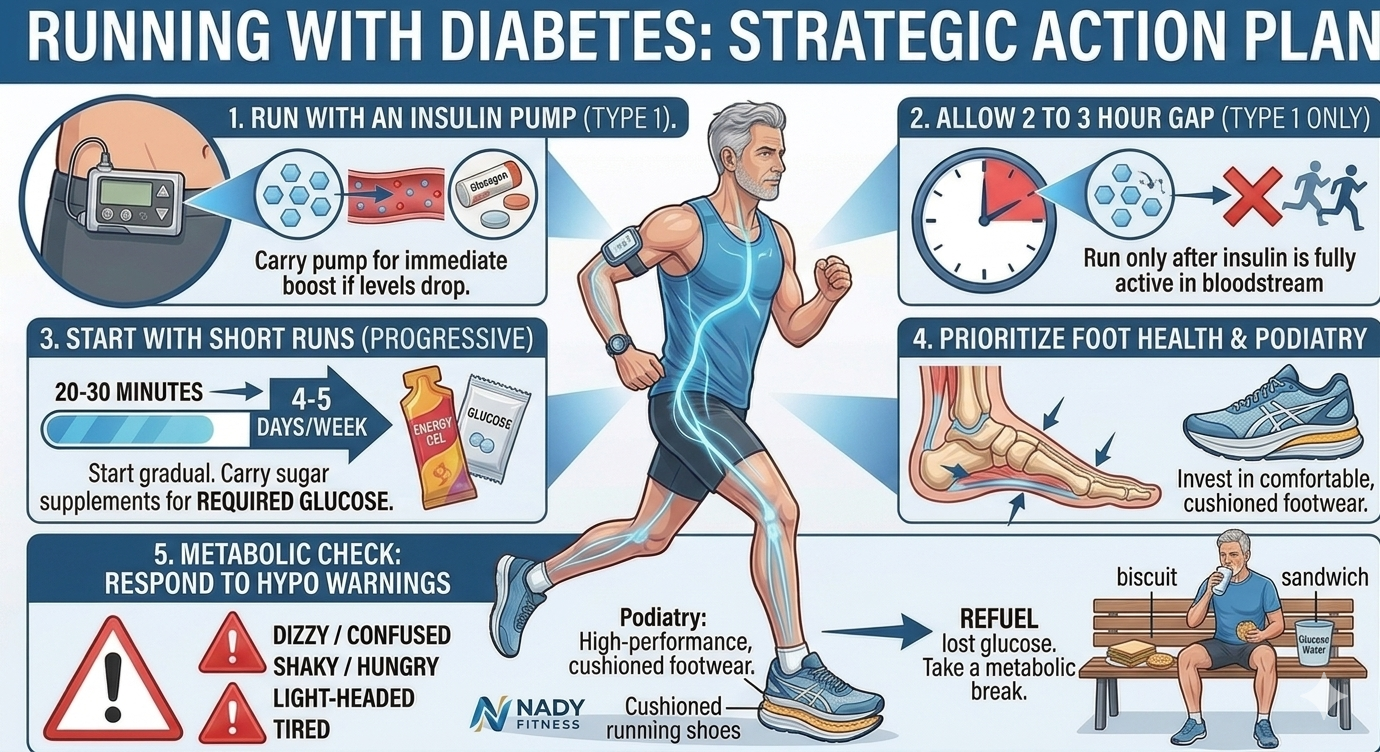 An medical infographic titled 'Running with Diabetes: Strategic Action Plan' detailing 5 safety rules (Insulin Pump, Absorption Gap, Foot Health, short runs, and metabolic checks) from Nady Fitness for runners over 40.