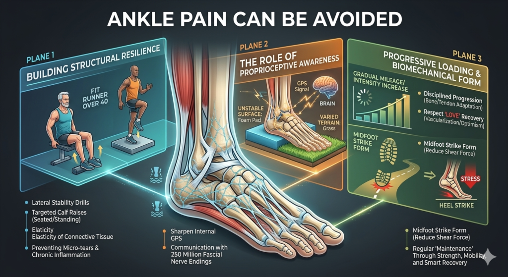 technical infographic titled "Ankle Pain Can Be Avoided" featuring three planes: Building Structural Resilience with calf raises, Proprioceptive Awareness showing the body's internal GPS, and Progressive Loading comparing midfoot versus heel strike form.