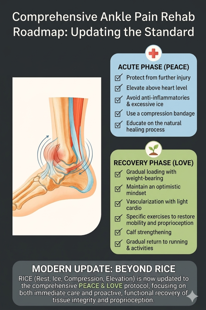 A comprehensive infographic showing the PEACE and LOVE protocol for ankle pain rehab as an update to the traditional RICE method.