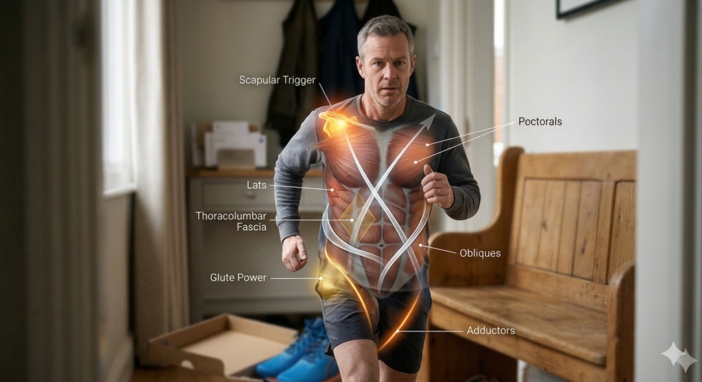 A middle-aged male runner with a medical overlay showing the Anterior Oblique Sling and Scapular Trigger, illustrating how rotational forces drive kinetic flow when running after 40.