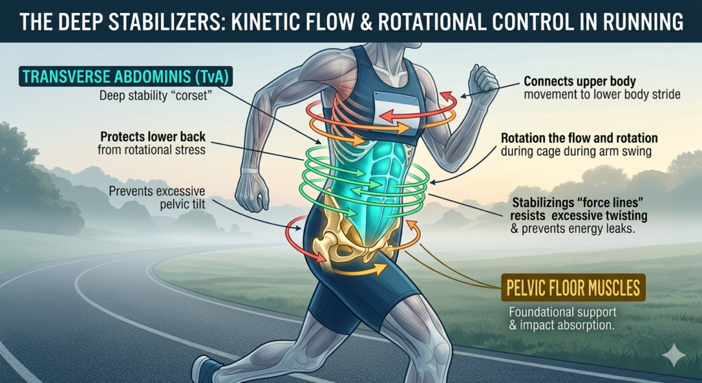 An anatomical illustration of a runner highlighting the transverse abdominis and pelvic floor as running muscles. Arrows show how these deep stabilizers connect upper body rotation to lower body stride, protect the lower back, and maintain pelvic alignment.