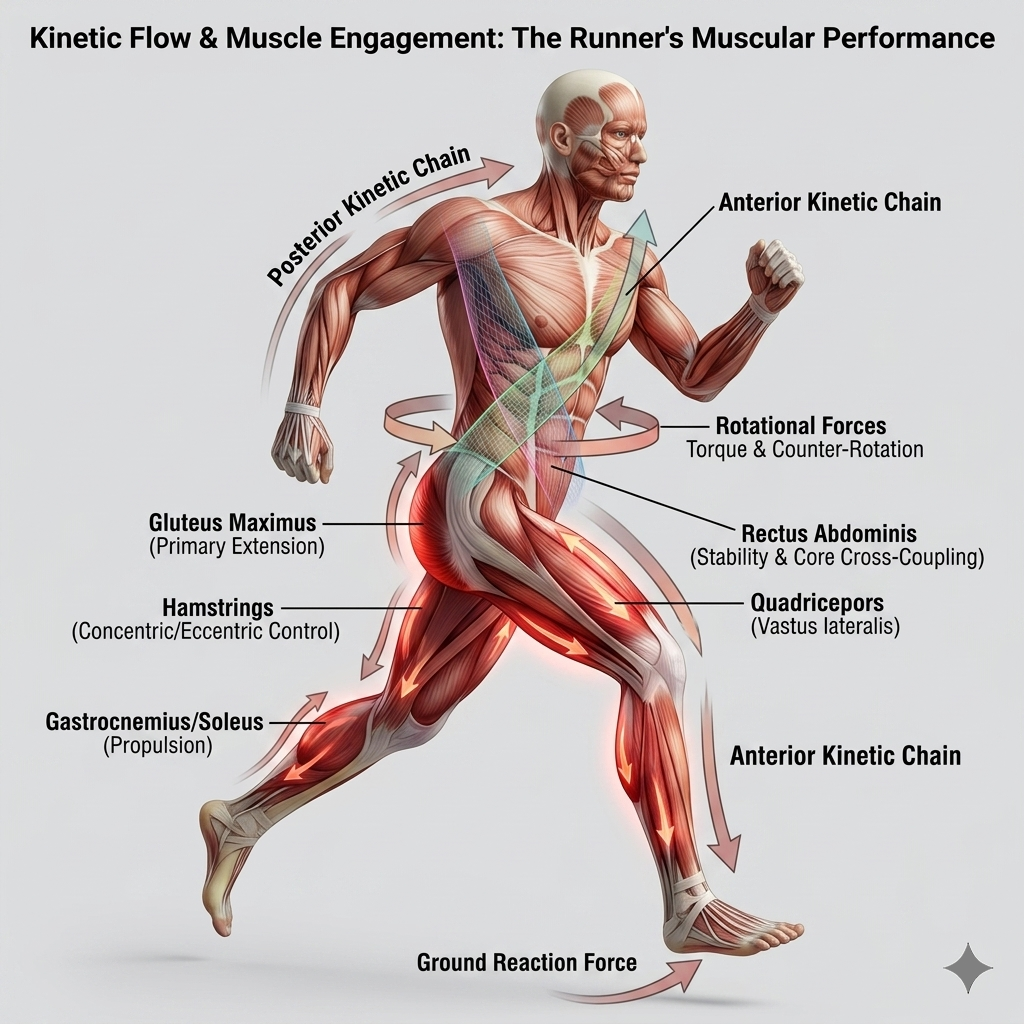 An anatomical illustration of a runner in mid-stride, showing active running muscles engagement, diagonal power slings (anterior and posterior), and curved arrows representing rotational forces and kinetic energy flow.