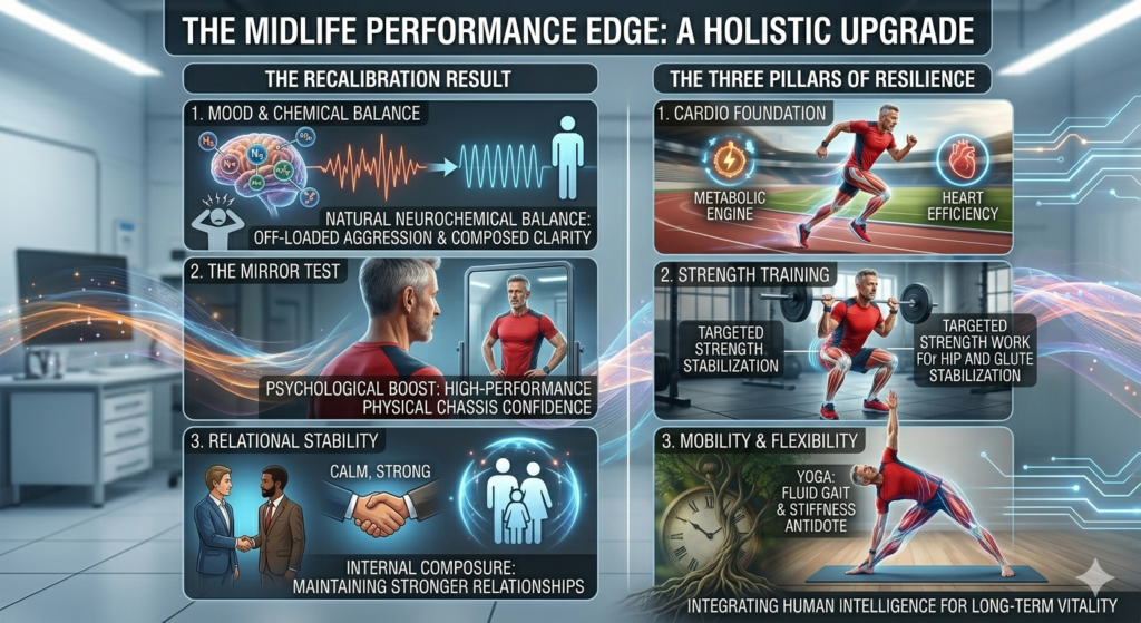 An infographic detailing 'The Midlife Performance Edge: A Holistic Upgrade,' featuring scientific illustrations and photos related to recalibration and resilience.