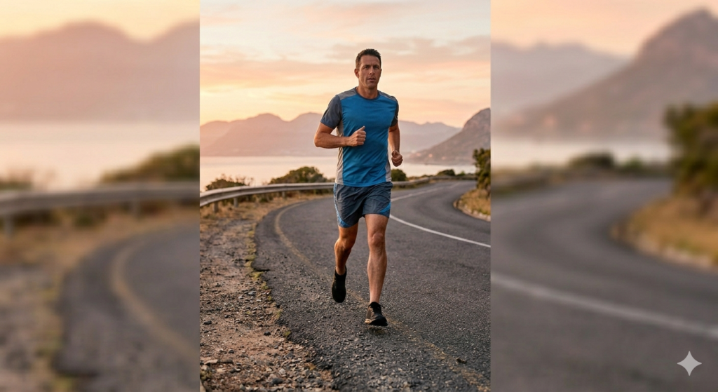A fit male runner navigating a winding, paved coastal road at sunrise, demonstrating functional movement and stabilizer muscle engagement.