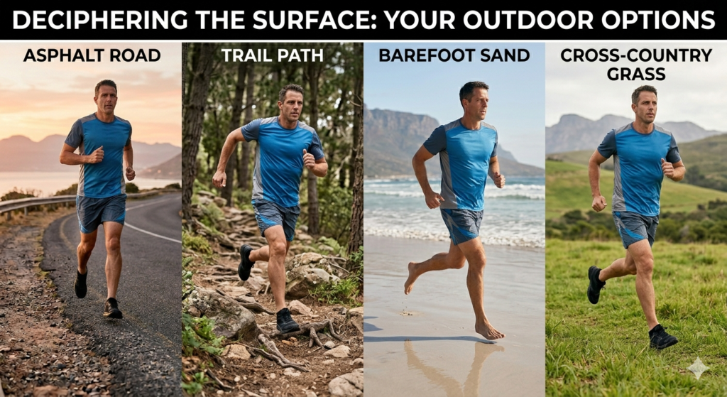 A horizontal multi-panel comparison showing a middle-aged male runner navigating four distinct outdoor surfaces: asphalt road, rocky trail, barefoot on a sandy beach, and a grassy cross-country field.