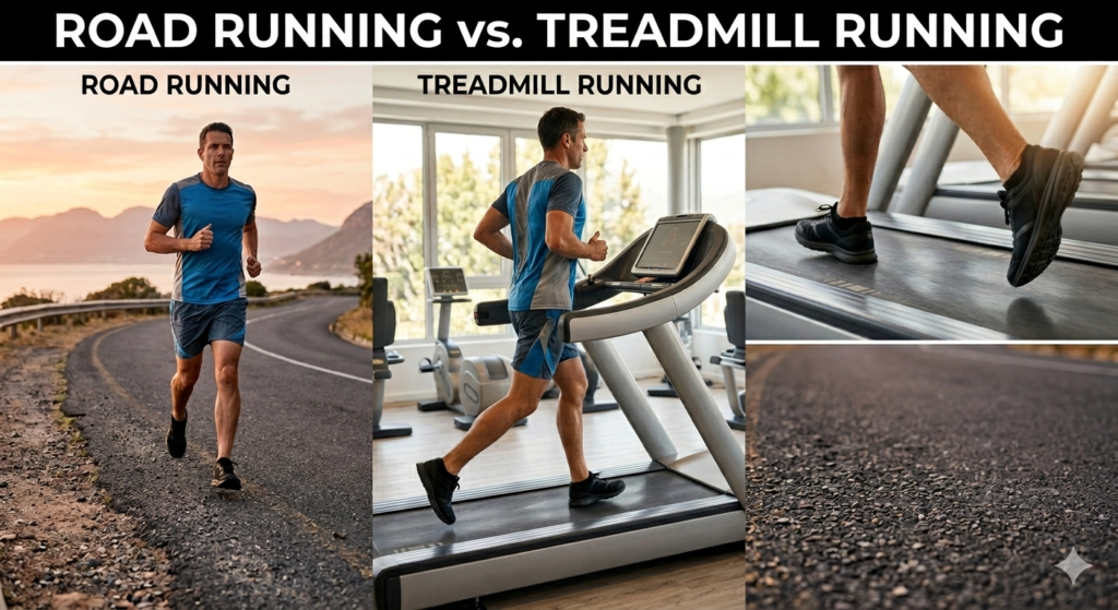 A split-screen comparison of a man in his 40s running on a paved outdoor road versus running on a modern treadmill in a gym.