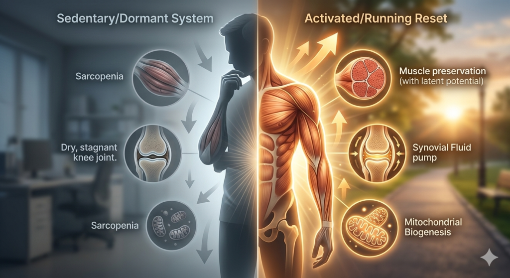 An infographic showing a physiological comparison of a sedentary body versus a body physically 'activated' by running after 40, highlighting sarcopenia prevention, knee joint fluid pump, and mitochondrial biogenesis.