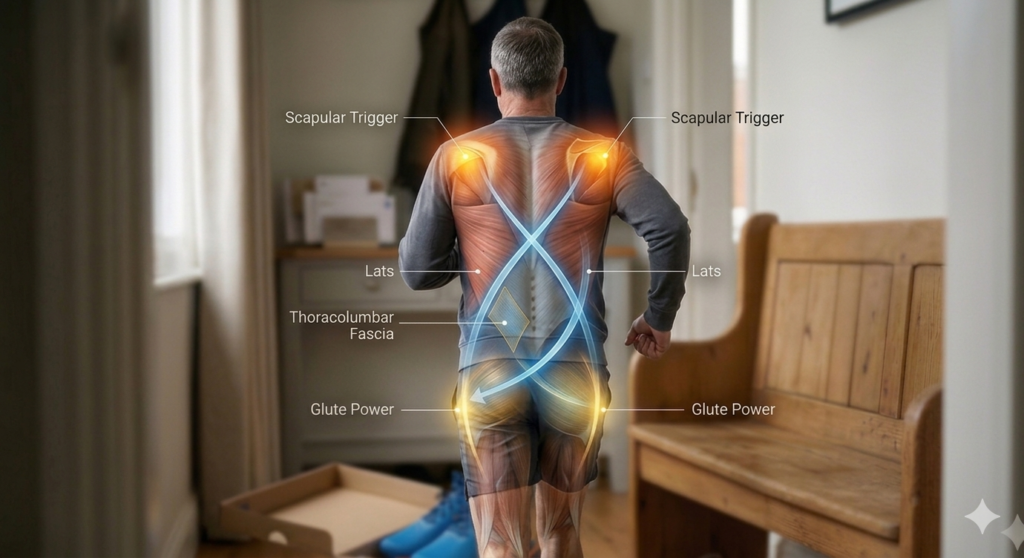 Rear view of middle-aged male runner showing a Vleeming-inspired anatomical overlay of the Posterior Oblique Sling, connecting the Lats to the opposite Glute through the Thoracolumbar Fascia.