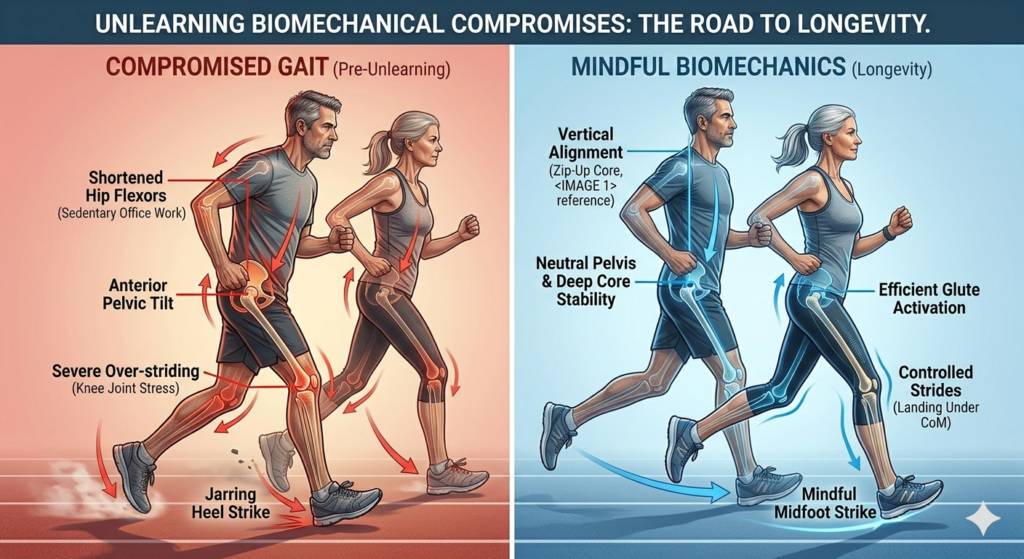 Infographic comparing compromised running gait vs. mindful biomechanics for runners over 40, highlighting hip flexors, pelvic tilt, and core stability.
