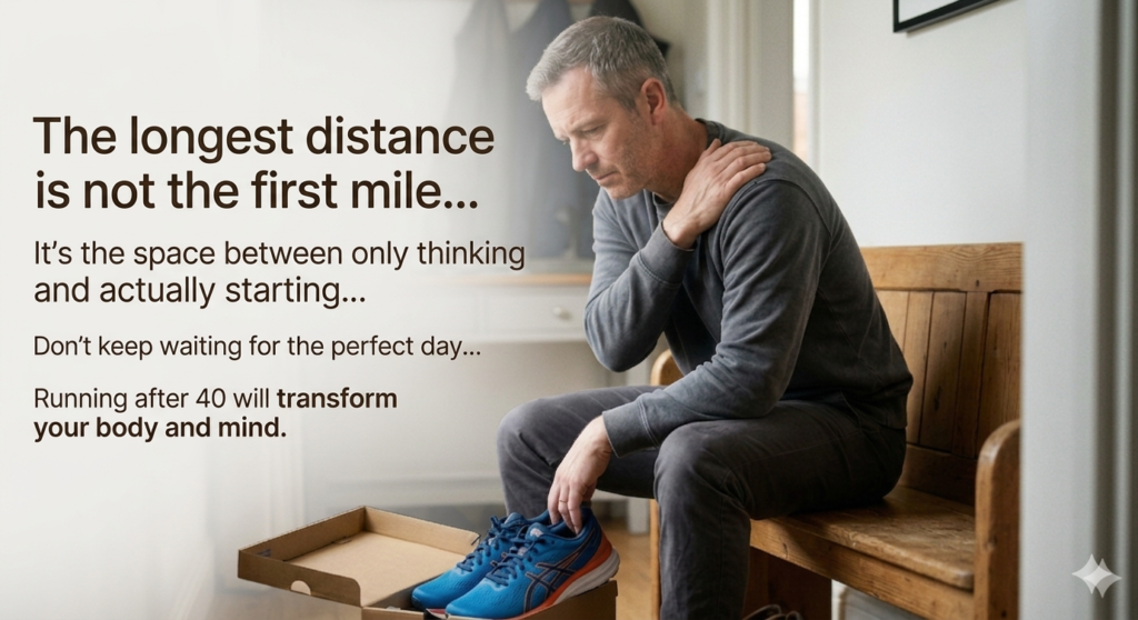 A middle-aged man sitting on a bench, contemplating his new running shoes and rubbing a sore shoulder, symbolizing the mental and physical hurdles of starting running after 40.