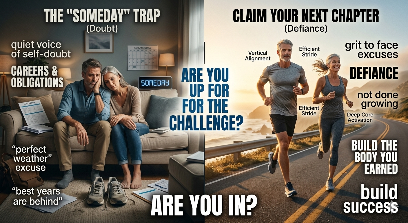 Motivational split-screen image showing a middle-aged couple moving from a state of fatigue and doubt on a couch to running with strength and vitality on a sunlit road.