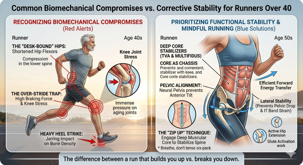 Anatomical diagram for runners over 40 showing "Desk-Bound" hips and over-striding on the left, contrasted with deep core stabilizers (TVA and Multifidus) and pelvic alignment on the right.
