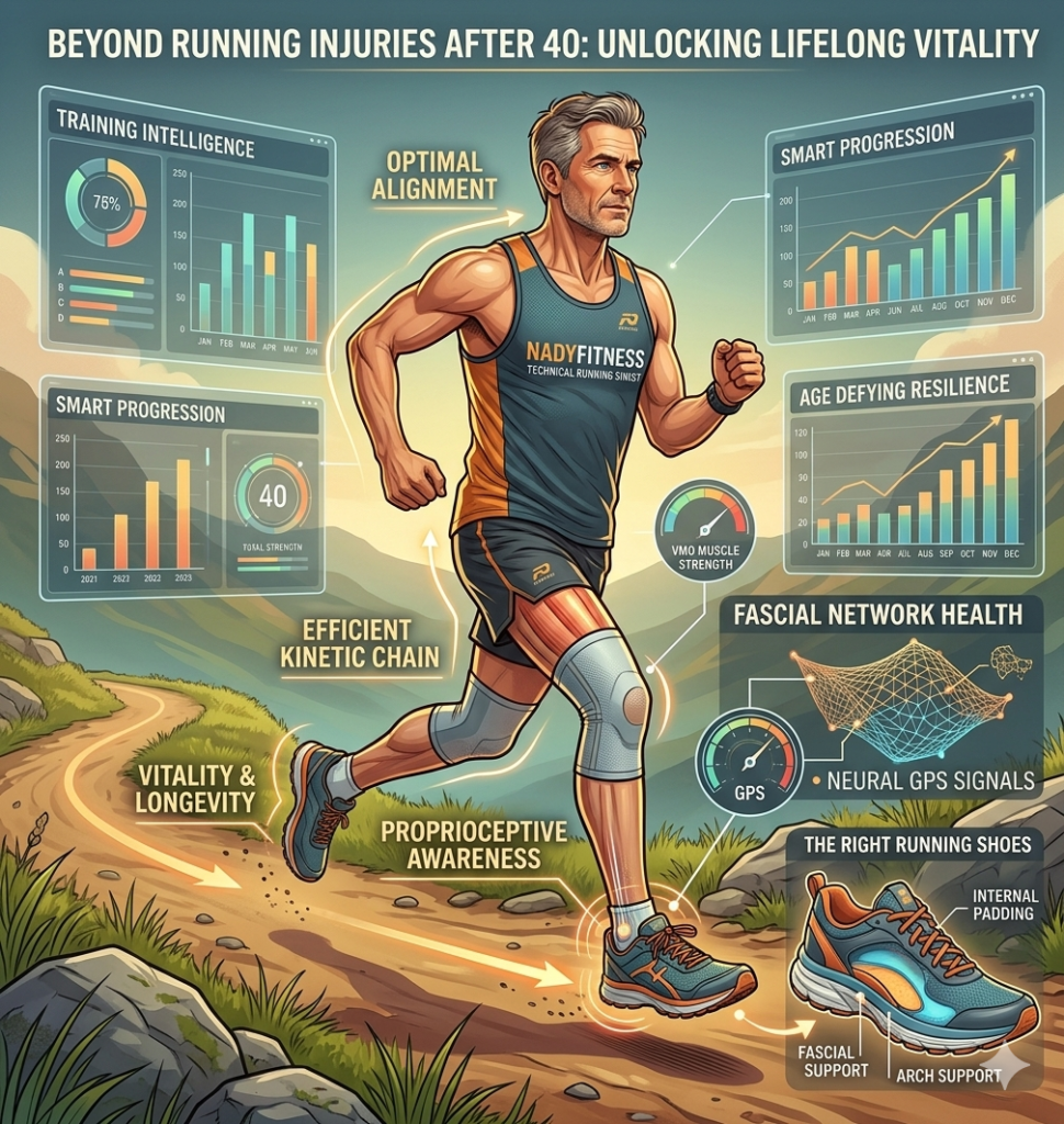 A comprehensive infographic for Nady Fitness titled "Beyond Running Injuries After 40," featuring a mature male runner surrounded by data panels for training intelligence, fascial network health, VMO muscle strength, and proper running shoe anatomy.