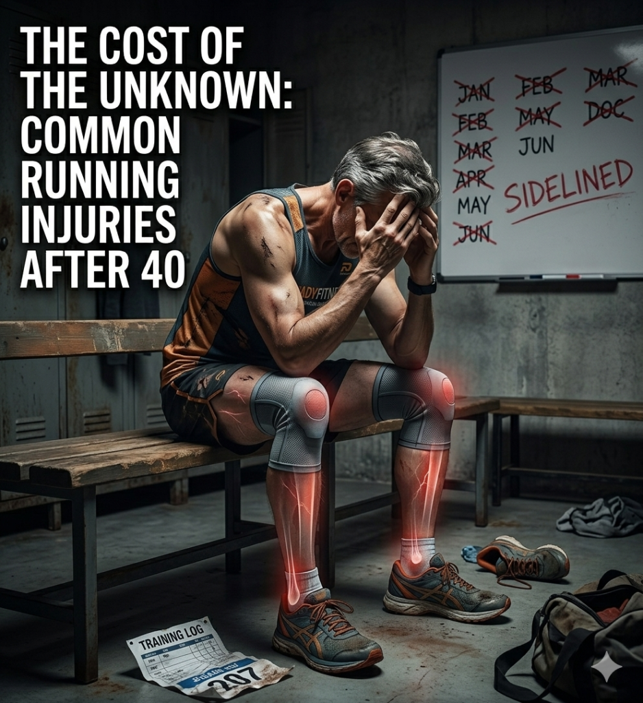 A somber image of an injured runner over 40 sitting on a locker room bench with his head in his hands. Subtle red glowing 'pain lines' pinpoint common masters injury sites like the Achilles tendon, shin, and knee, symbolizing a significant training setback.