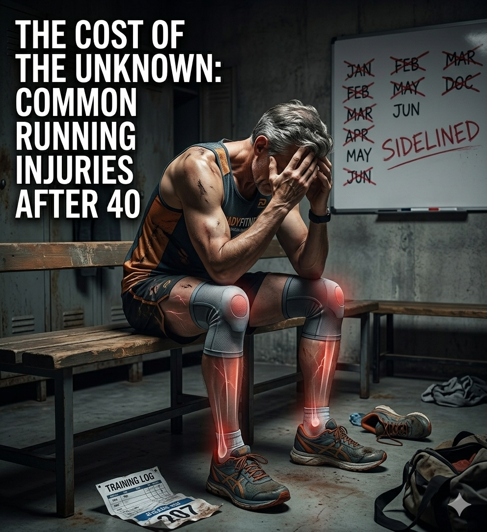 A somber image of an injured runner over 40 sitting on a locker room bench with his head in his hands. Subtle red glowing 'pain lines' pinpoint common masters injury sites like the Achilles tendon, shin, and knee, symbolizing a significant training setback.