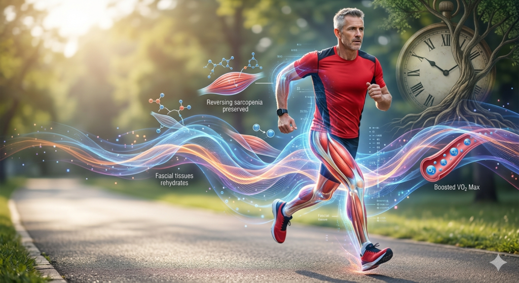 A middle-aged man running in a park with holographic data displaying the biological benefits of running after 40, such as sarcopenia reversal and rehydrated tissues.