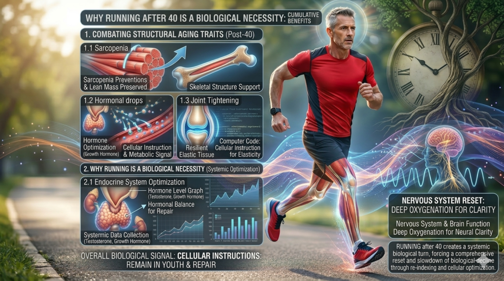 An infographic visualizing the biological effects of running after 40, showing an fit older runner in a park with holographic overlays detailing sarcopenia prevention, hormone optimization, joint hydration, and VO2 max increase.