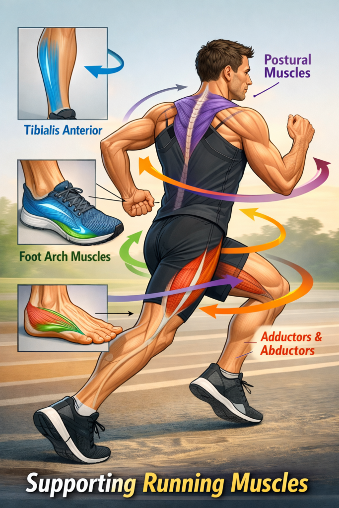 An anatomical illustration of a runner highlighting stabilizing muscles - tibialis anterior, foot arch muscles, adductors, abductors, and postural muscles - with close ups across three planes and arrows showing their role in balance, posture, and efficiency of these supporting sunning muscles.