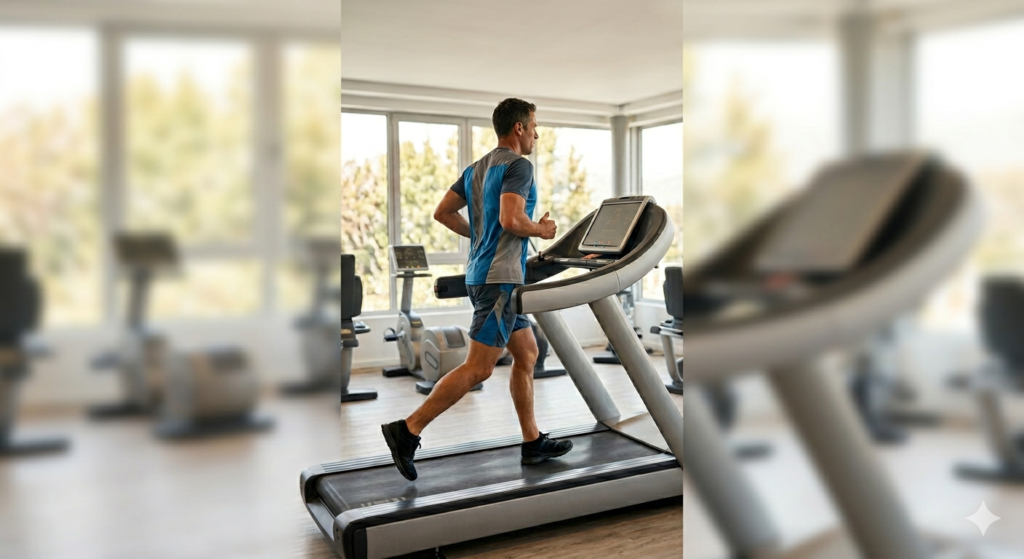 A middle-aged man in technical running apparel training on a modern treadmill in a bright gym, focusing on his gait and form.